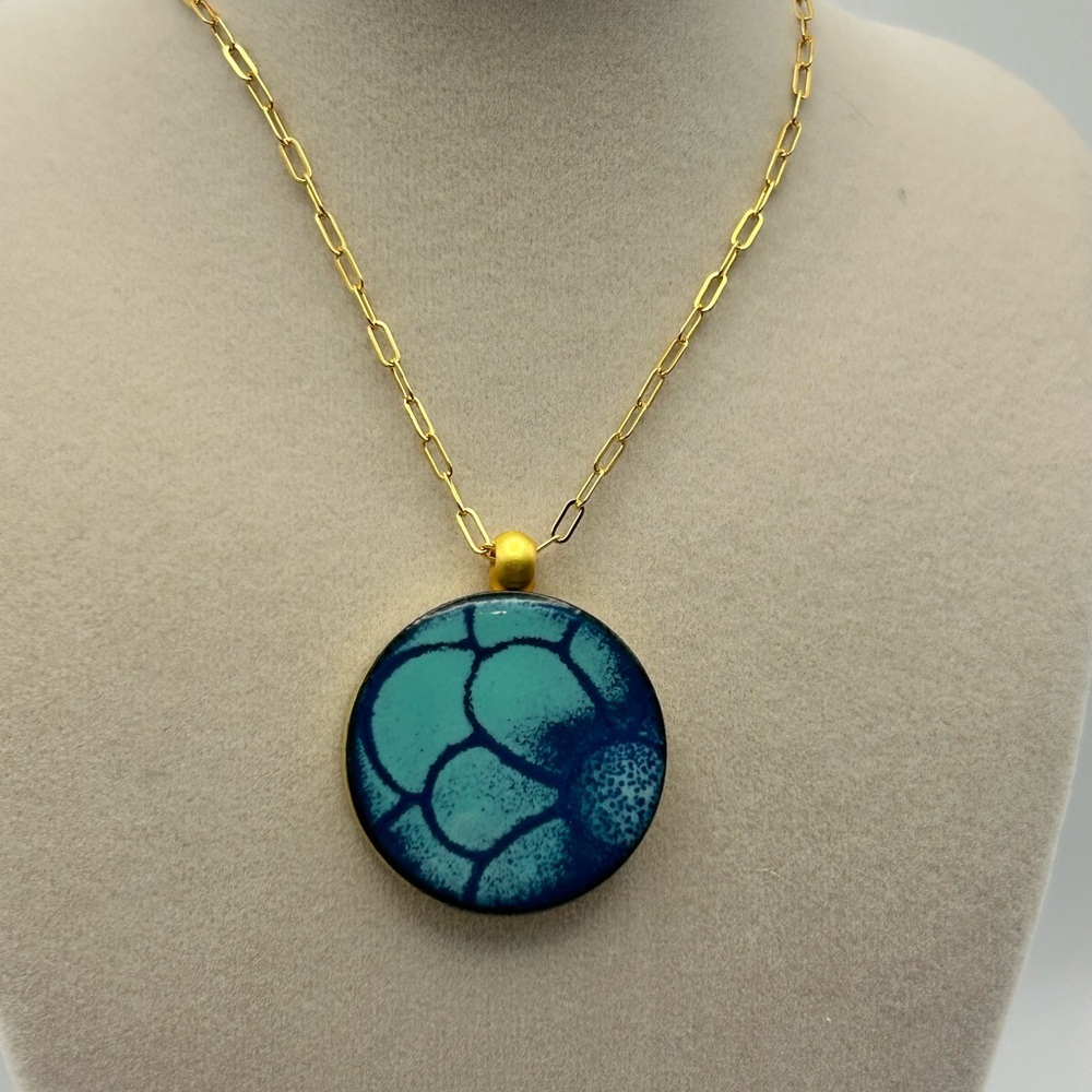 LeighElena Blue Magnetic Pendant Necklace Handmade Ceramic Artisan 18" Gold-tone